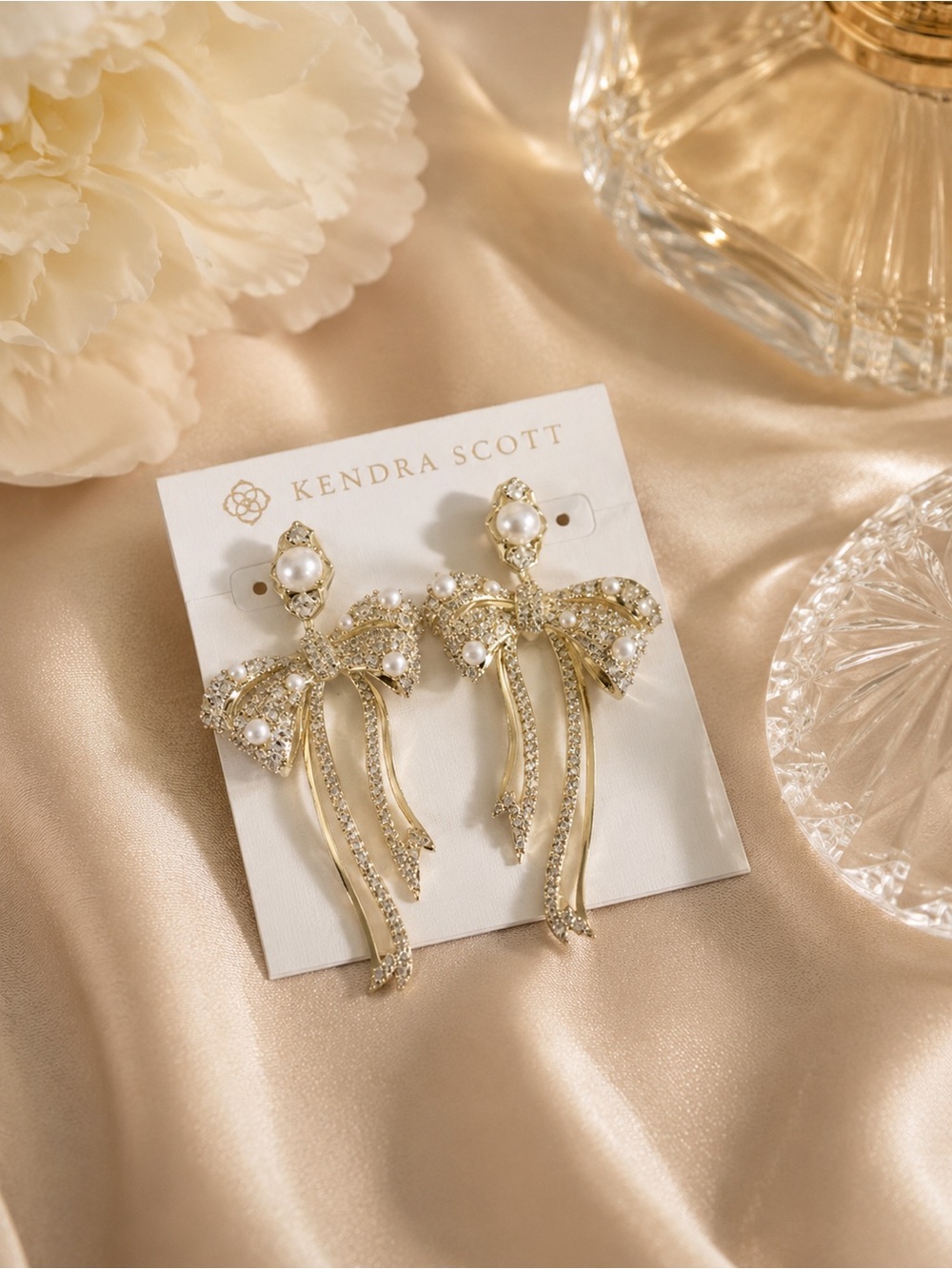 Kendra Scott Gold Crystal & Pearl Bow Drop Earrings